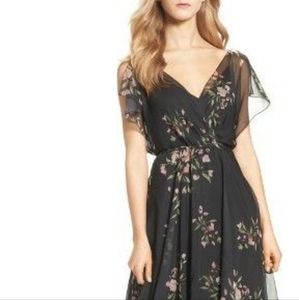Jenny Yoo Cassie Eden Floral Print Gown Flutter Sleeve Chiffon Black US 4